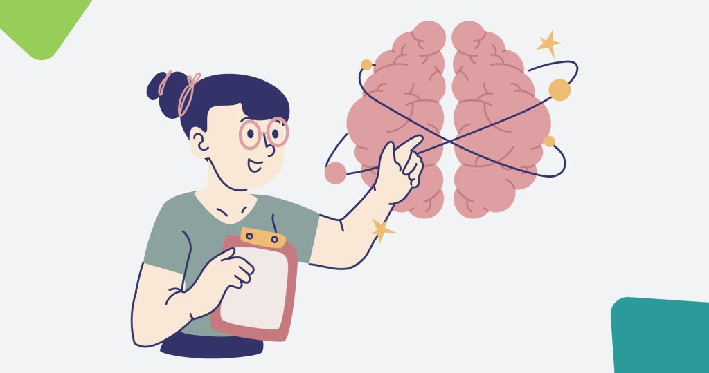 Ilustración de una joven señalando el dibujo de un cerebro, para explicar pensamiento contrafáctico.