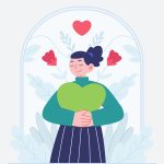 Ilustración de una mujer mirándose frente a un espejo rodeada de corazones, para hablar de la autoestima.