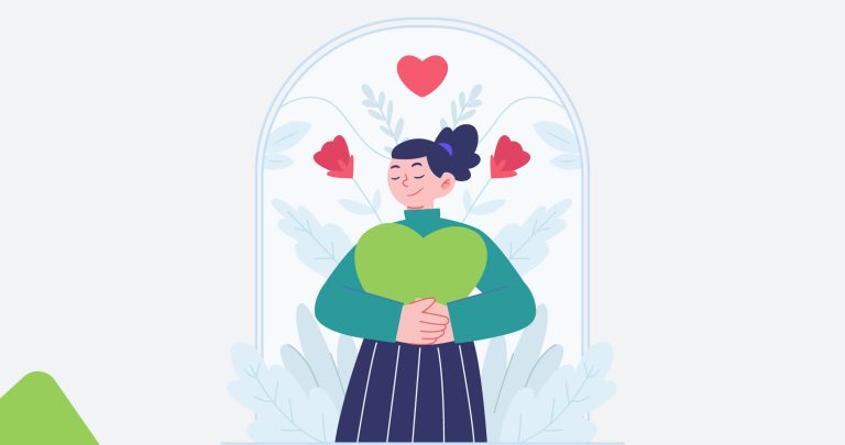 Ilustración de una mujer mirándose frente a un espejo rodeada de corazones, para hablar de la autoestima.