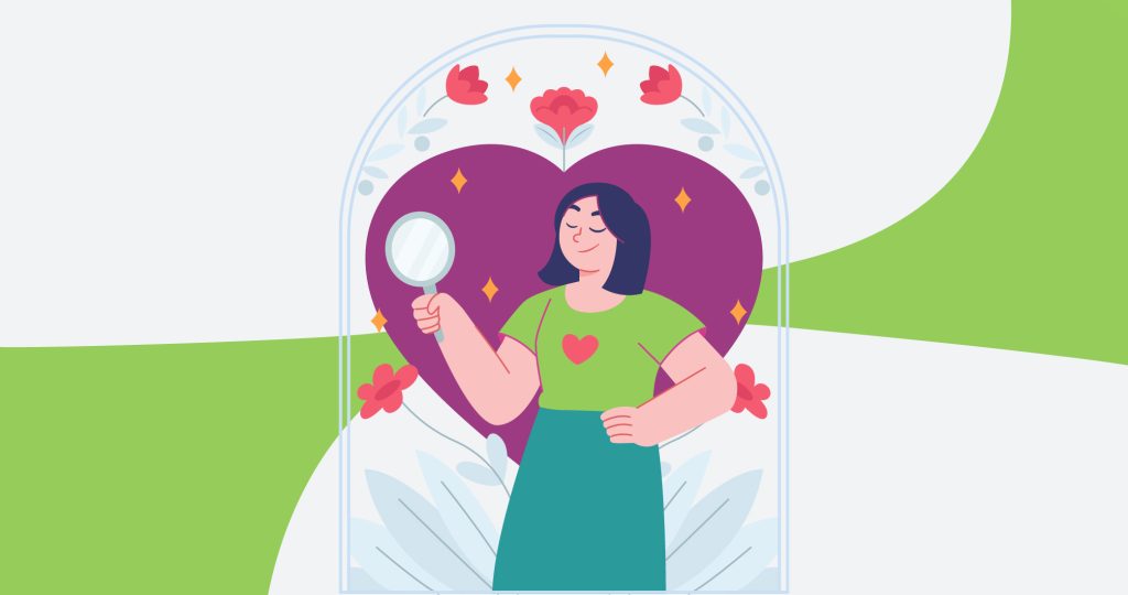 Ilustración de una mujer mirándose en un espejo de mano, rodeada de corazones, para hablar de la autoestima.