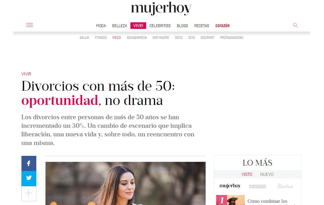 portada de la pagina web mujerhoy.com divorcios con más de 50 años. no drama 