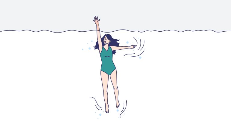Ilustarción de una joven bajo el agua que saca la mano para pedir ayuda, para hablar de ansiedad en vacaciones.