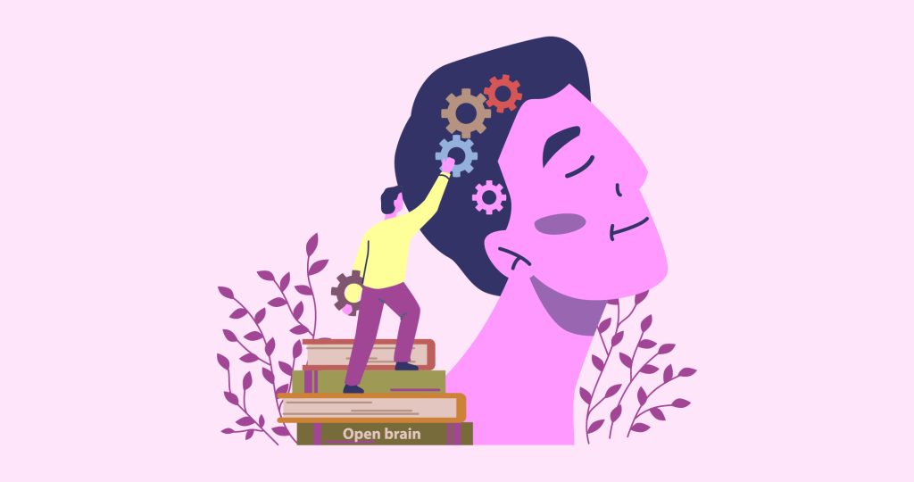 Ilustración de un joven subido a unos libros a modo de escalera para alcanzar una cabeza gigante en la que se ven unas ruedas dentadas a modo de mecanismos, para hablar de los pensamientos racionales.