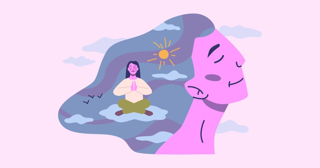 Ilustración de la cabeza de una mujer en cuyo interior se ve a otra mujer practicando meditación, para hablar de los pensamientos racionales.