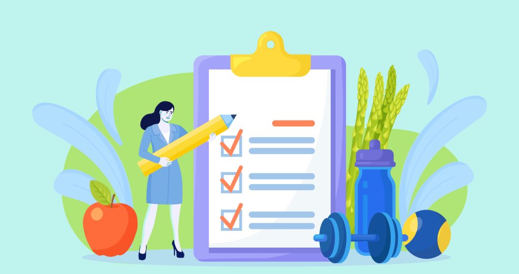 Ilustración que muestra a una psicóloga frente a un informe con distintos check list positivos para hablar de cómo perder peso gracias al psicólogo.