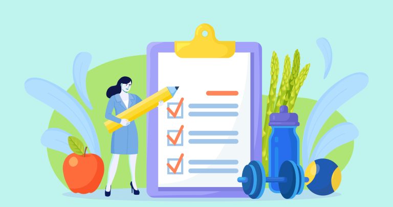 Ilustración que muestra a una psicóloga frente a un informe con distintos check list positivos para hablar de cómo perder peso gracias al psicólogo.