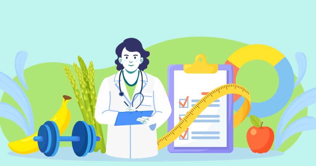 Ilustración que muestra a un médico para hablar de cómo perder peso gracias al psicólogo.