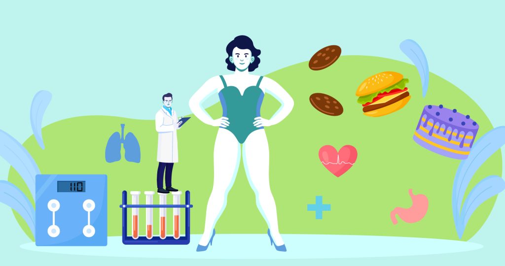 Ilustración de una mujer joven en bañador con un médico detrás de ella y rodeada de distintos alimento, para hablar de cómo perder peso gracias al psicólogo.
