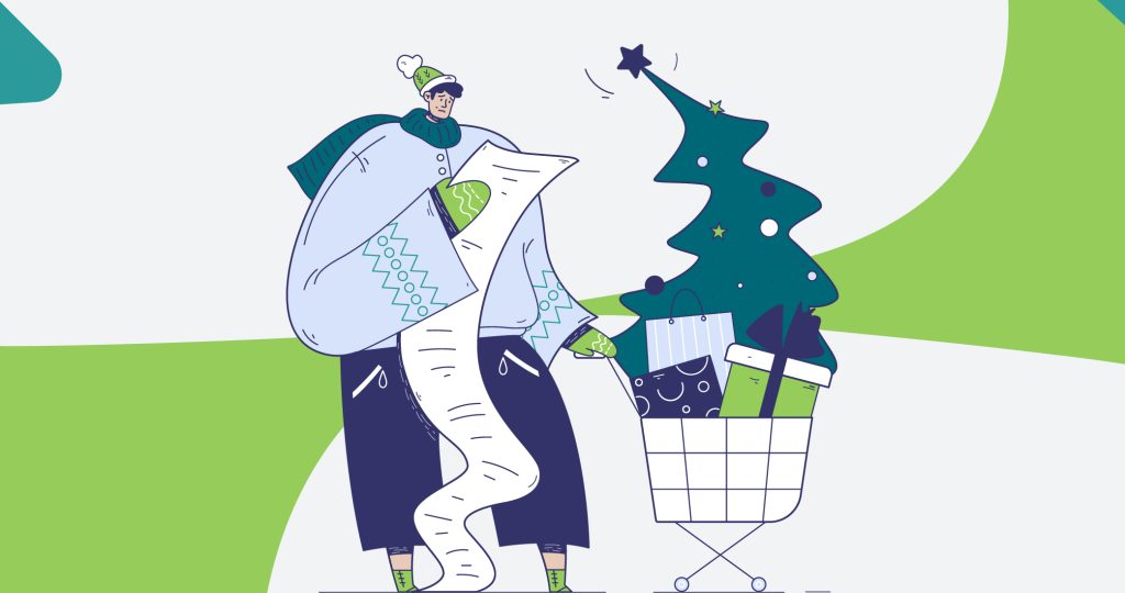 Ilustración de un joven con un carrito de supermercado lleno de regalos y mirando una lista interminable de la compra, para hablar de regalar en Navidad.
