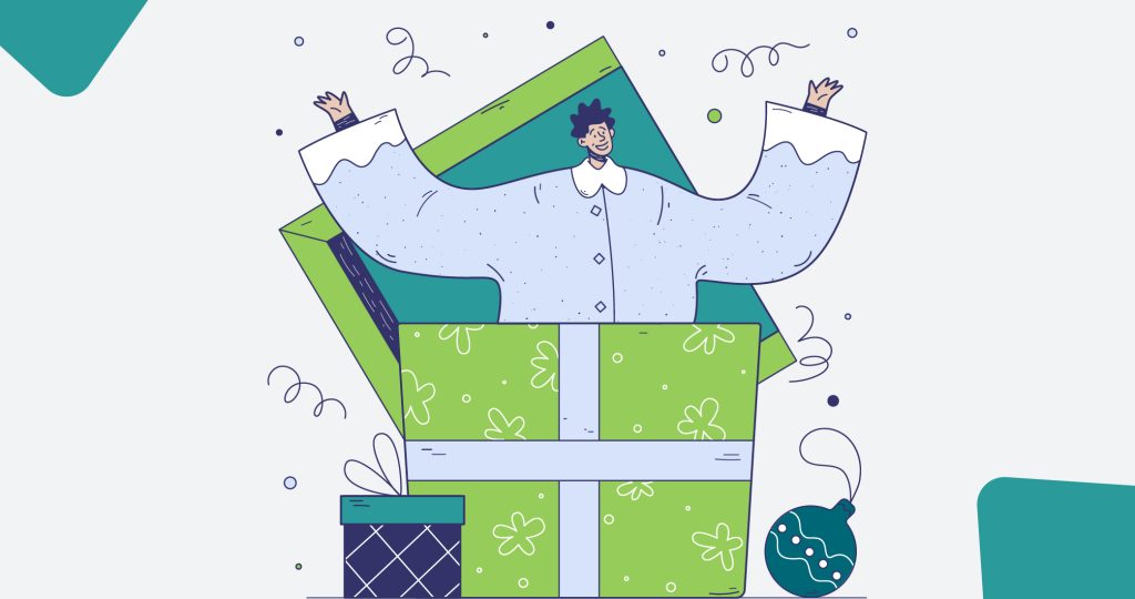 Ilustración de un regalo de navidad gigante del que sale una persona, para hablar de regalar en Navidad.