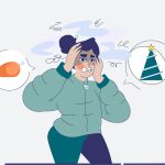 Ilustración de una mujer joven agobiada al pensar en las Navidades y las comidas que se avecinan, para hablar sobre ansiedad por comer en Navidad.