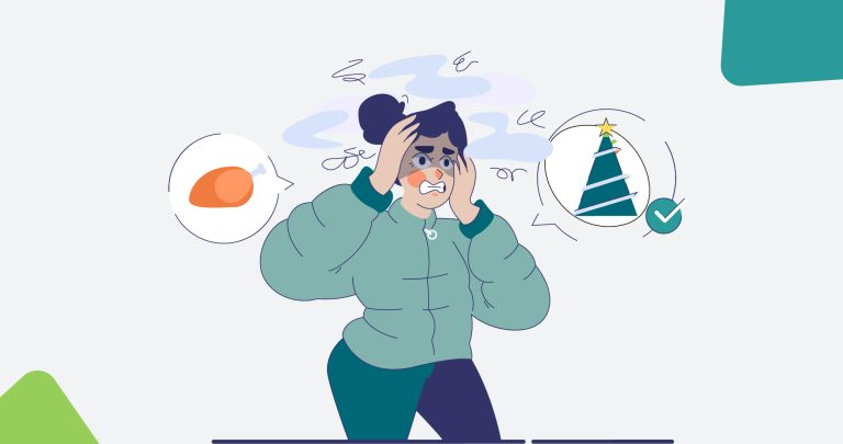 Ilustración de una mujer joven agobiada al pensar en las Navidades y las comidas que se avecinan, para hablar sobre ansiedad por comer en Navidad.