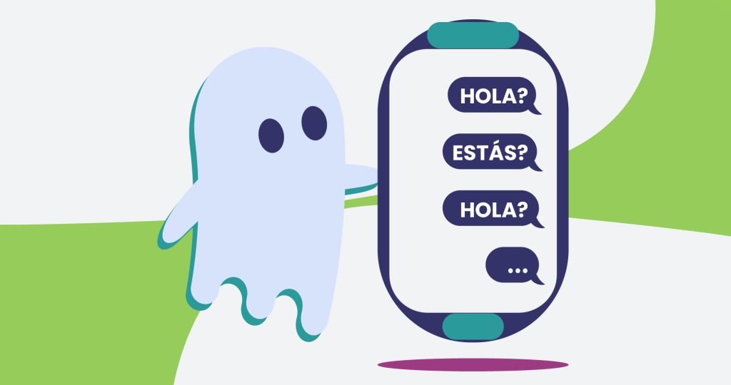 Ilustración de un fantasma junto a un móvil en el que aparecen mensajes sin contestar, para hablar del ghosting.