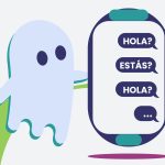 Ilustración de un fantasma junto a un móvil en el que aparecen mensajes sin contestar, para hablar del ghosting.