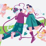 Ilustración de una pareja feliz rodeada por cupidos, para hablar sobre San Valentín y salud mental.