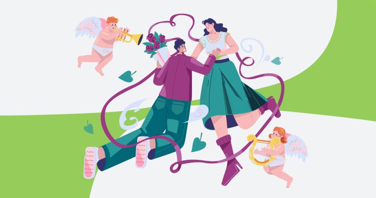 Ilustración de una pareja feliz rodeada por cupidos, para hablar sobre San Valentín y salud mental.
