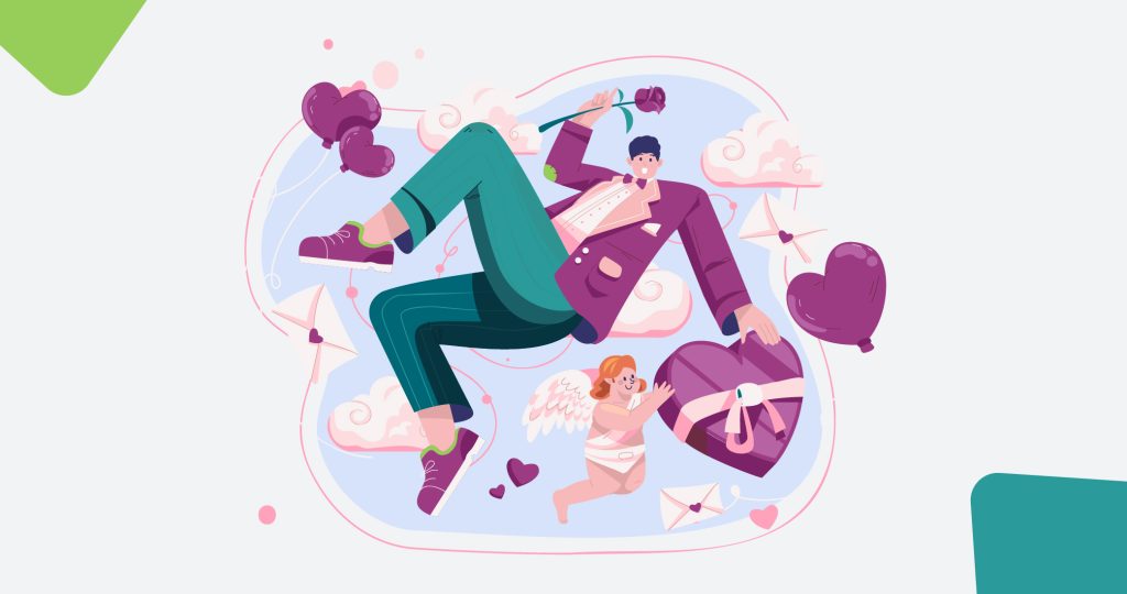Ilustración de una chico feliz rodeado de cupidos y regalos de San Valentín, para hablar sobre San Valentín y salud mental.