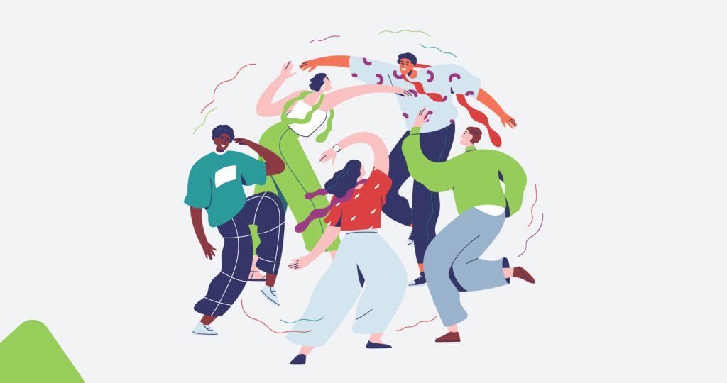 Ilustración de un grupo de personas bailando felices, para hablar del Día Internacional de la Felicidad.