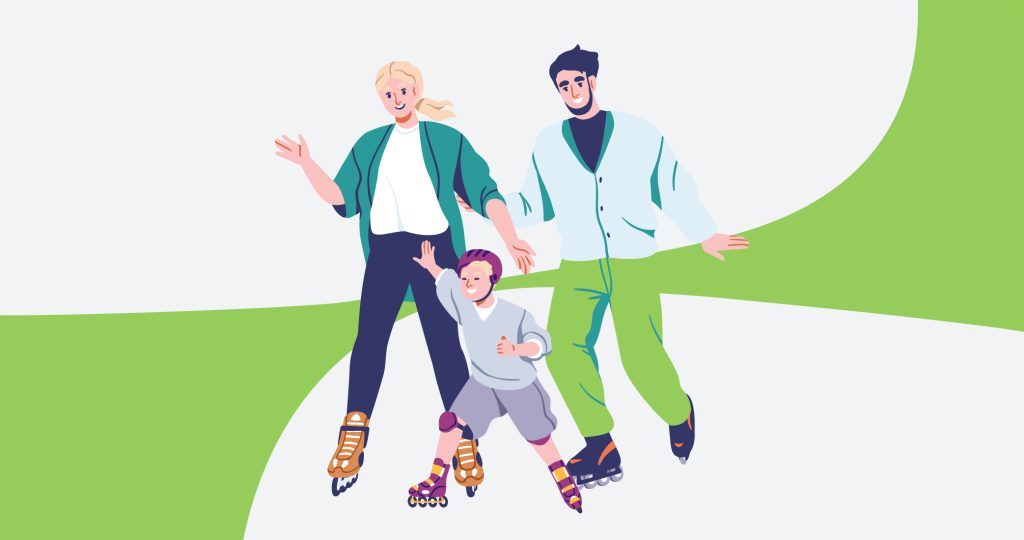 Ilustración de unos padres con su hijo patinando, para hablar del Día Internacional de la Felicidad.