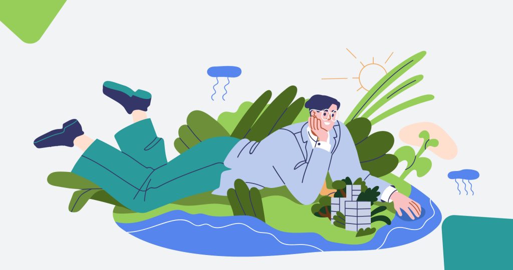 Ilustración de un joven tumbado junto a un ría, feliz, para hablar del Día Internacional de la Felicidad.