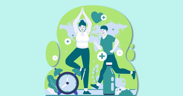 Ilustración de una pareja de jóvenes, hombre y mujer, haciendo deporte para hablar sobre el Día Mundial de la Salud.