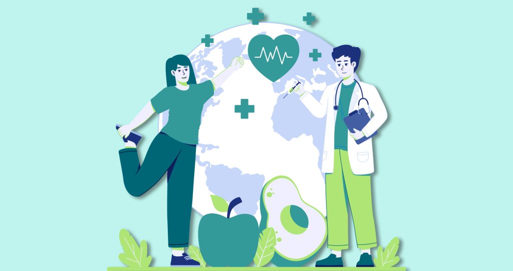 Ilustración de una mujer, joven haciendo estiramientos, junto a un médico, para hablar sobre el Día Mundial de la Salud.