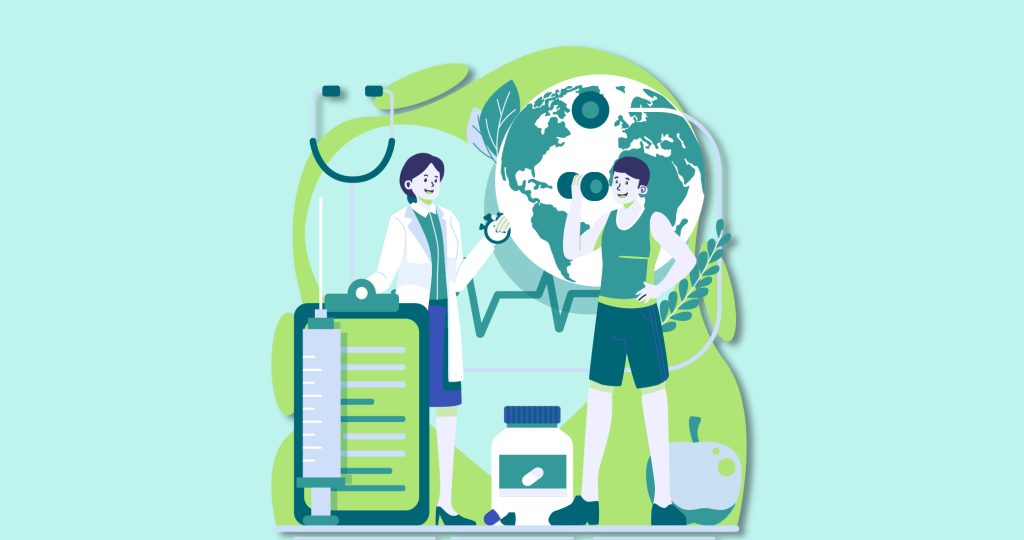 Ilustración de un joven haciendo pesas junto a un médico, para hablar sobre el Día Mundial de la Salud.