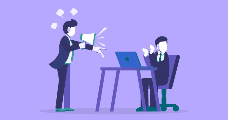 Ilustración que muestra a un jefe chillando a un empleado a través de un megáfono para hablar de mobbing o acoso laboral.