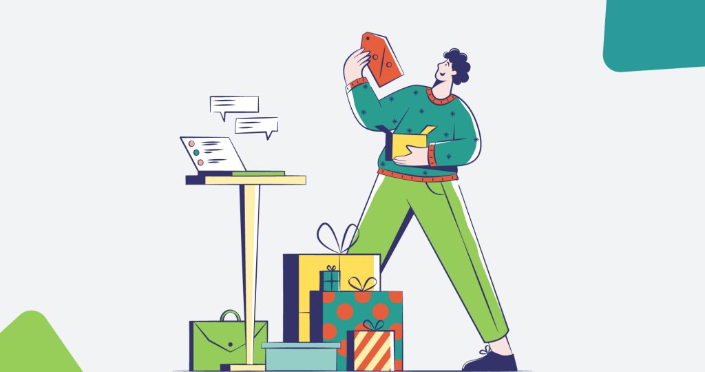 Ilustración de un chico joven con un motón de paquetes y bolsas de regalos de Navidad, para hablar de las compras navideñas.
