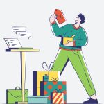 Ilustración de un chico joven con un motón de paquetes y bolsas de regalos de Navidad, para hablar de las compras navideñas.