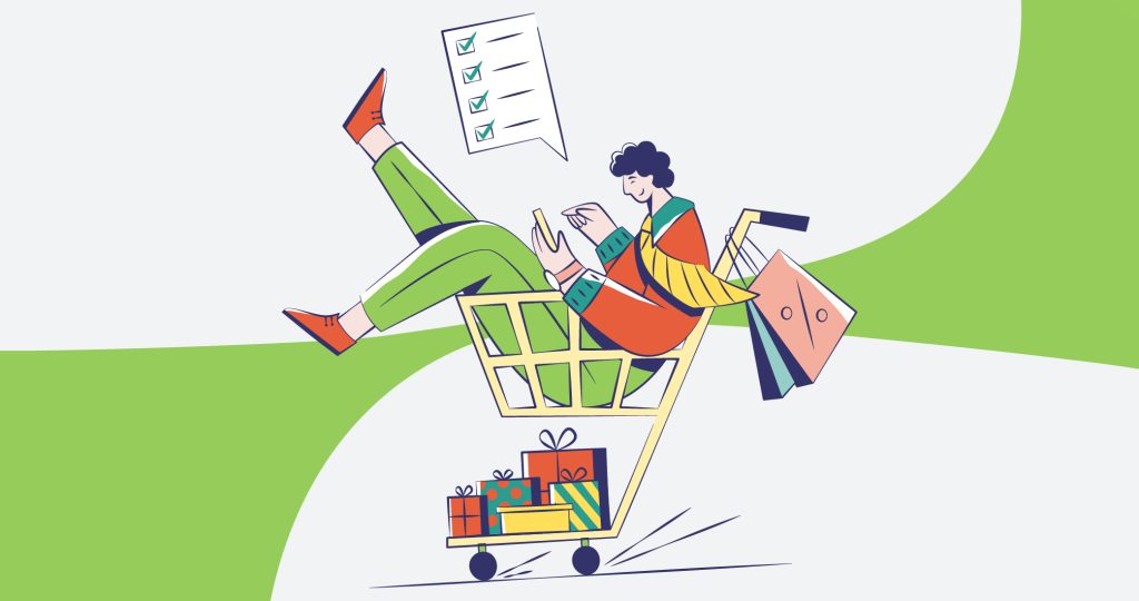 Ilustración de un chico joven metido dentro de un carrito de supermercado lleno de paquetes y bolsas de regalos de Navidad, para hablar de las compras navideñas.