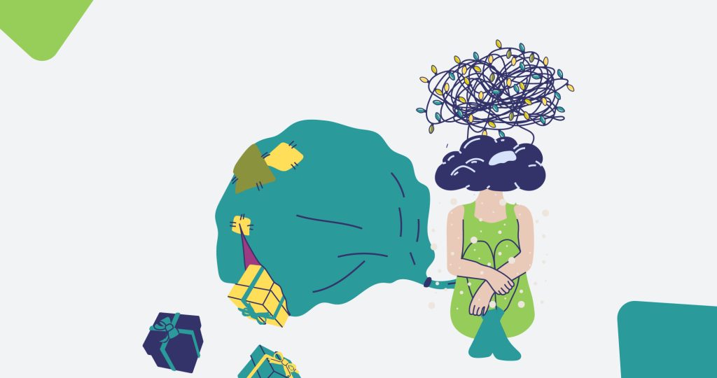 Ilustración de una joven sentada junto a un saco enorme lleno de regalos de Navidad, para hablar del duelo en Navidad.
