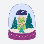 Ilustración de un adorno navideño de bola de cristal con nieve en la que dentro está sentada entre dos árboles de Navidad una mujer pensativa, para hablar del duelo en Navidad.
