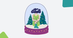 Ilustración de un adorno navideño de bola de cristal con nieve en la que dentro está sentada entre dos árboles de Navidad una mujer pensativa, para hablar del duelo en Navidad.