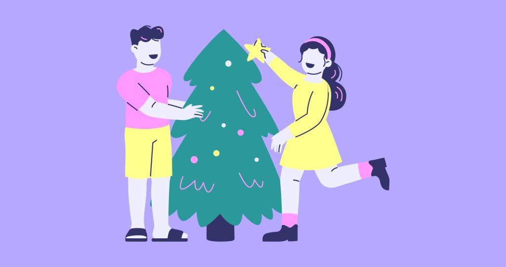 Ilustración de una pareja adornando el árbol de Navidad para contar cómo afrontar los conflictos derivados de celebrar la Navidad en familia.