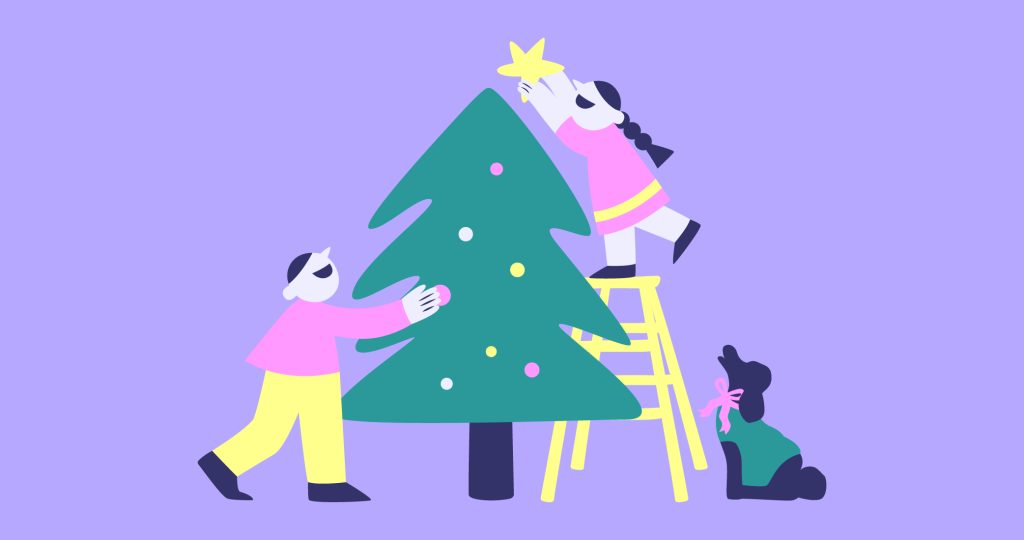 Ilustración de una familia poniendo el árbol de Navidad para contar cómo afrontar los conflictos derivados de celebrar la Navidad en familia.