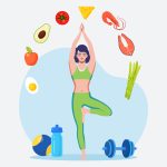 Ilustración de una mujer haciendo fitness rodeada de alimentos sanos para hablar de la pérdida de peso.
