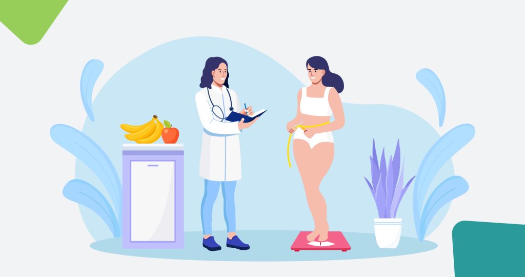 Ilustración de una mujer sobre una báscula junto a una médico para hablar de la pérdida de peso.