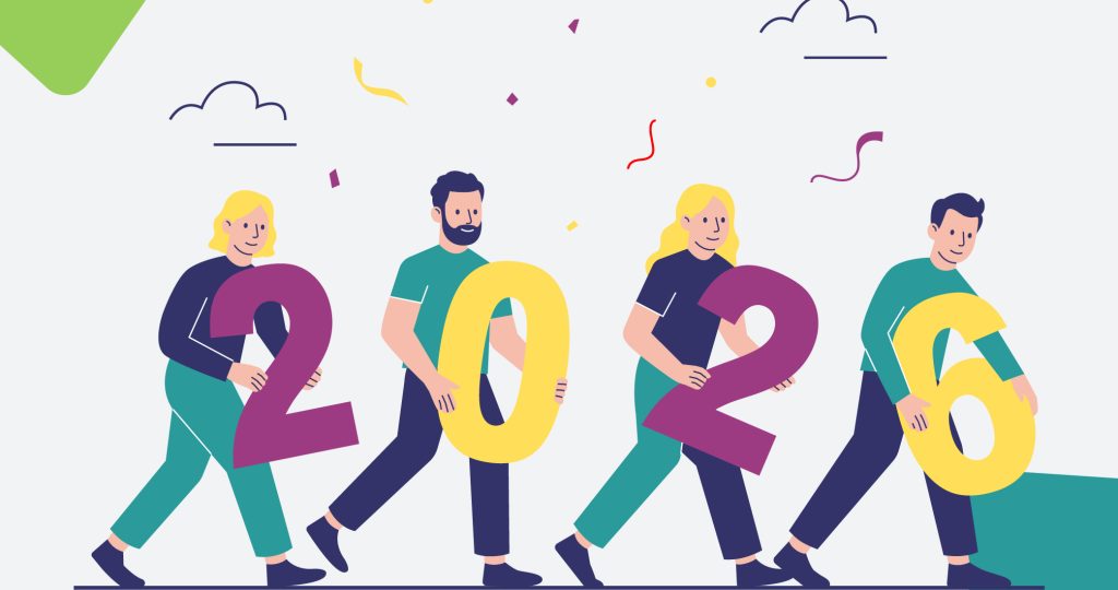 Ilustración de varios chicos y chicas jóvenes sujetando las cifras del nuevo año 2026, para hablar de los propósitos de Año Nuevo.
