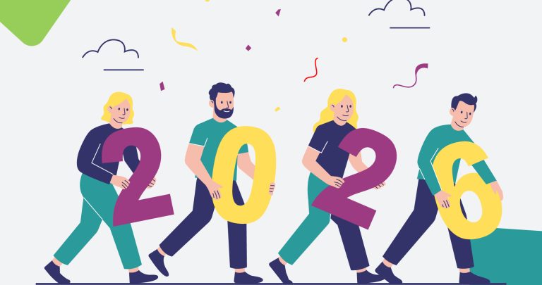 Ilustración de varios chicos y chicas jóvenes sujetando las cifras del nuevo año 2026, para hablar de los propósitos de Año Nuevo.