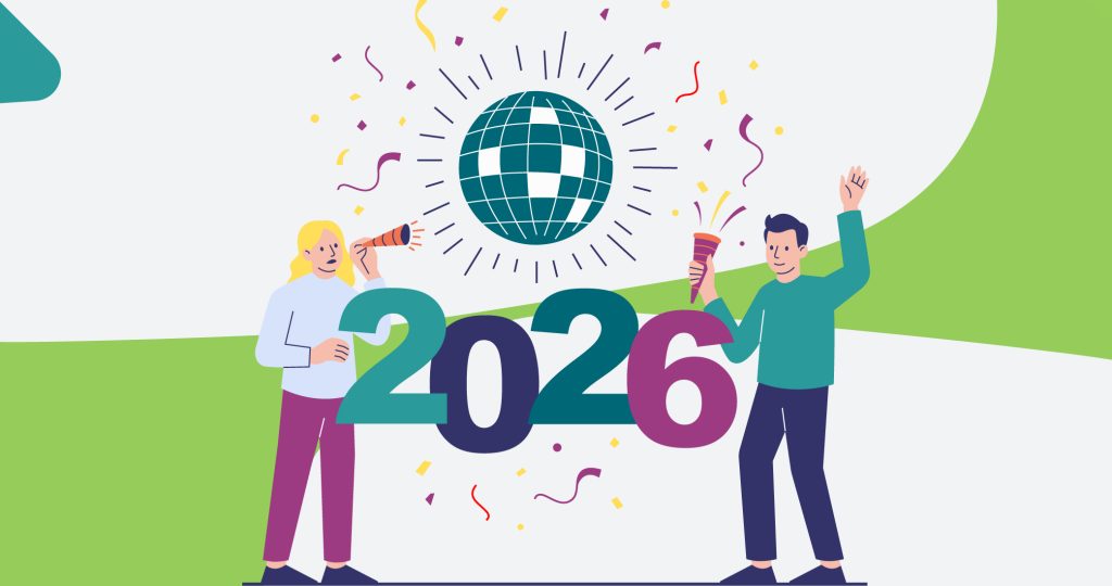 Ilustración de chico y chica bailando y con elementos de cotillón, bajo una bola de discoteca, para hablar de los propósitos de Año Nuevo.