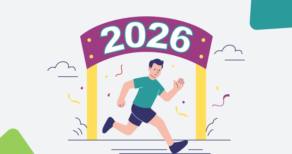 Ilustración de un joven como si estuviera corriendo y llegando a la pancarta de meta que es el 2026, para hablar de los propósitos de Año Nuevo.