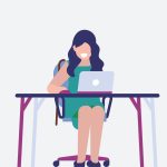 Ilustración de una mujer joven trabajando con su portátil tras las vacaciones de Navidad, para hablar del síndrome postvacacional después de Navidad.