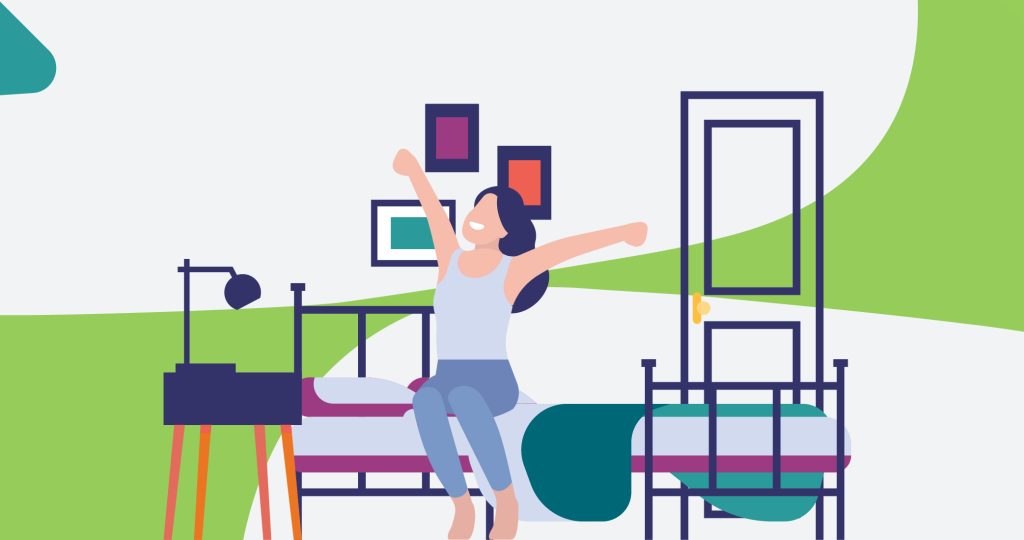 Ilustración de una mujer joven levantándose de la cama con energía, para hablar del síndrome postvacacional después de Navidad.