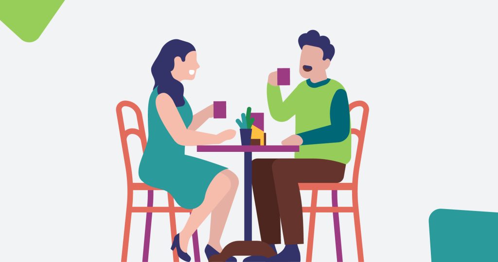 Ilustración de una pareja de trabajadores sentados alrededor de una mesa tomando un café en la empresa,tras las vacaciones de Navidad, para hablar del síndrome postvacacional después de Navidad.
