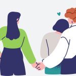 Ilustración de una pareja de la mano con una tercera persona entre los dos, en el medio, para hablar de cómo gestionar una relación abierta.