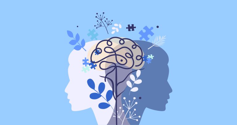 Ilustración que muestra dos perfiles de cabezas entre los que hay dibujado una flor en forma de cerebro, para contar la diferencia entre psicología y psiquiatría.