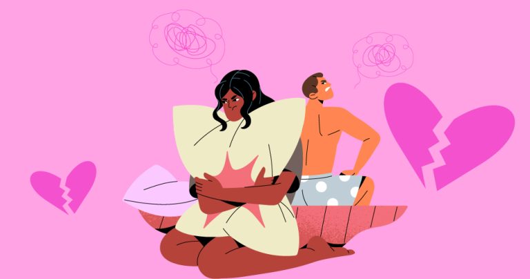 Ilustración que muestra los problemas sexuales en la pareja mediante una mujer abrazada a un cojín, de espaldas a su pareja.