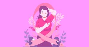 Ilustración que muestra una mujer con una mano sobre su pecho y rodeada por un gran lazo rosa para celebrar el día internacional de cáncer de mama