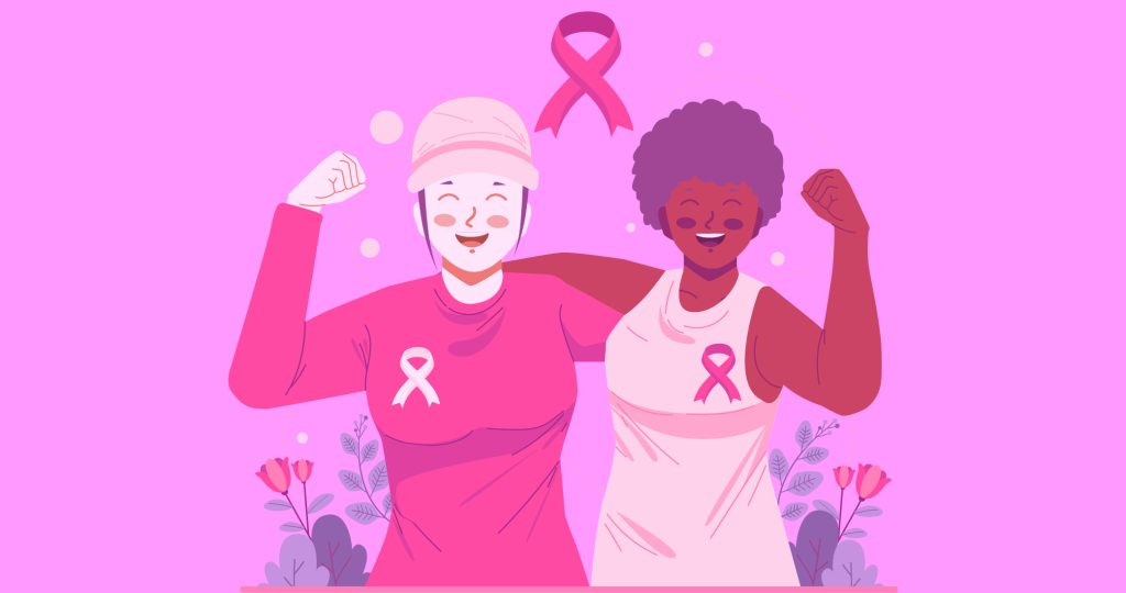 Ilustración que muestra a 2mujeres abrazadas levantando los puños y entre las que se ve un gran lazo rosa para celebrar el día internacional de cáncer de mama